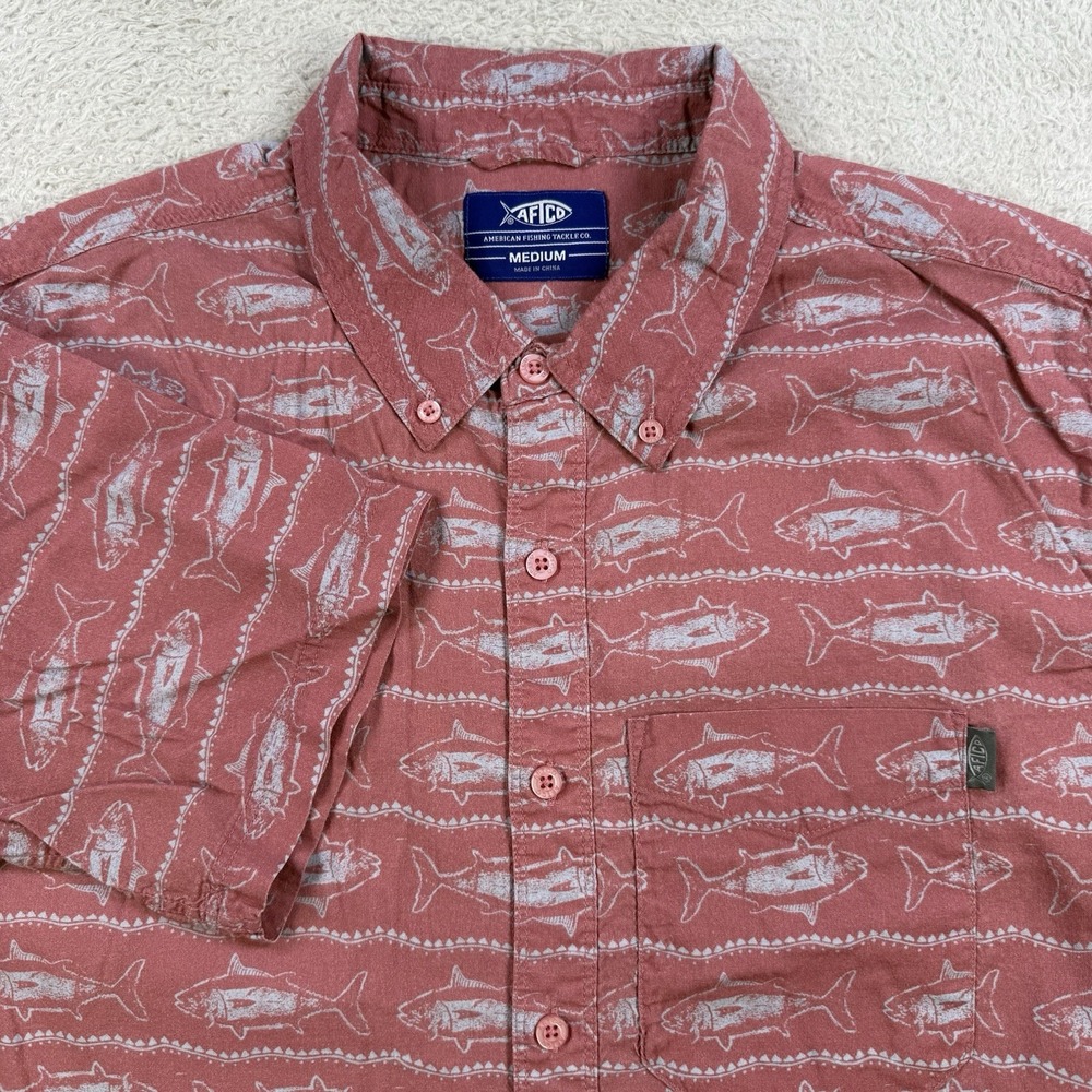 AFTCO Shirt Men Medium Red Fish All Over Print Short Sleeve Button Up Pocket AOP